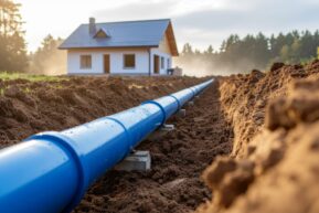 A bright blue water pipe is laid in a brown dirt trench, leading to a suburban house, captured in warm golden light.
